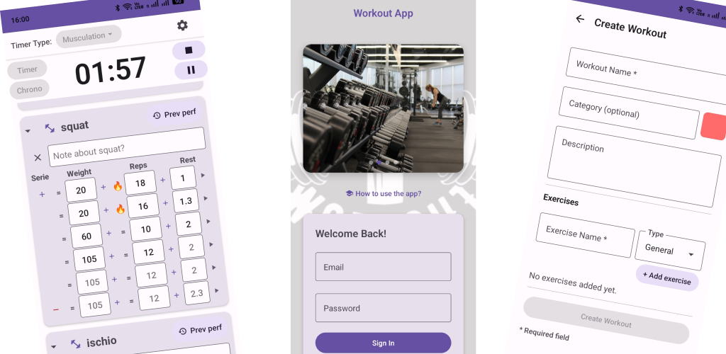 Workout Note to Improve on Android — workout screen, sign in, and create workout